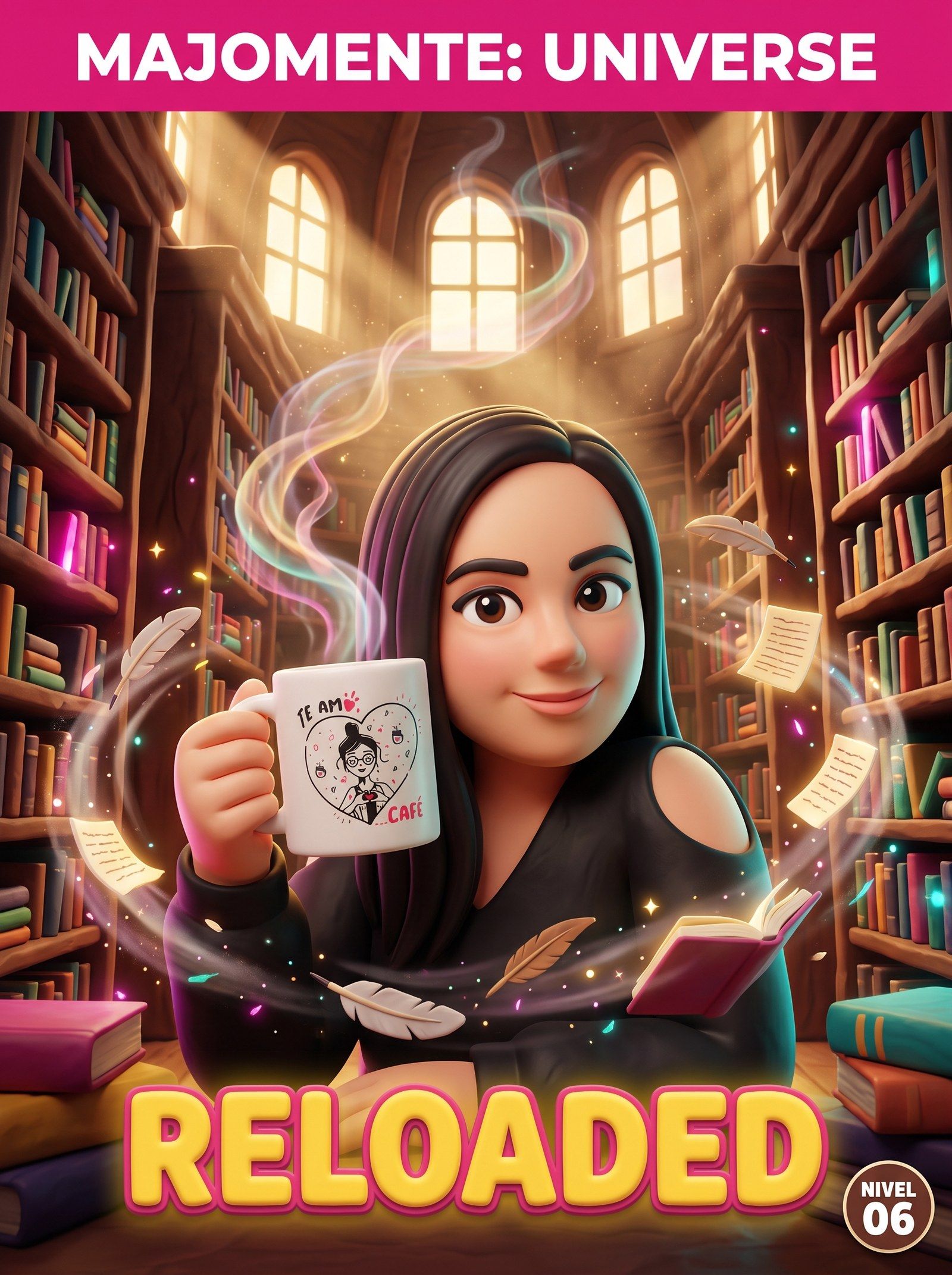 Majo con una taza que dice “Te amo café”, en una biblioteca, con plumas y hojas que vuelan a su alrededor.